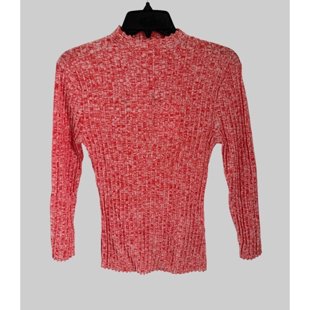 Ports 1961 Work in Progress Ribbed Red & White Cotton Knit Top Lettuce Edge